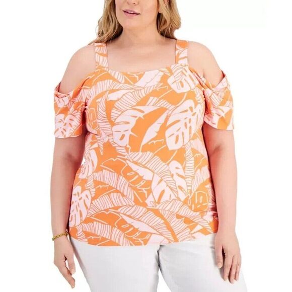JM Collection Plus Size Printed Cold-Shoulder Top, Orange, 1X - Picture 1 of 8
